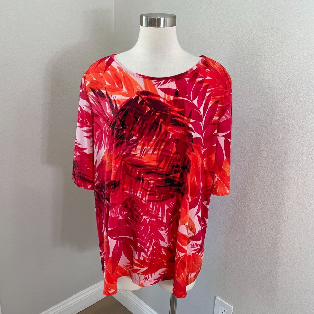 Susan Graver Womens Plus 3X Tropical Floral Tunic Top Short Sleeve Liquid Knit‎